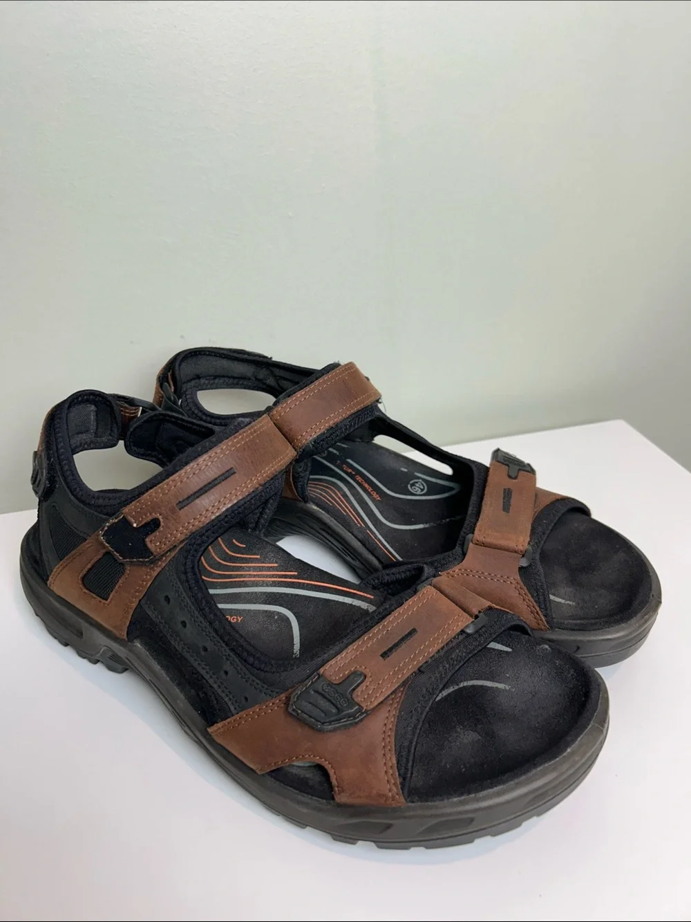 ECCO Receptor Mens 46 Brown Leather Sport Sandals Hiking Outdoor Adjustable